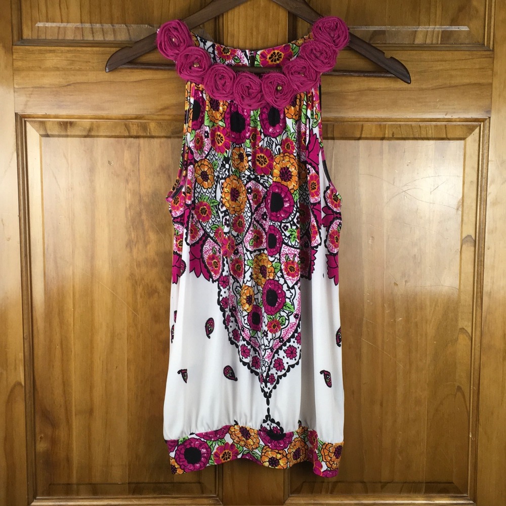 Rampage Y2K Womens M Paisley Rosette Halter Top Magenta Boho Festival Indie